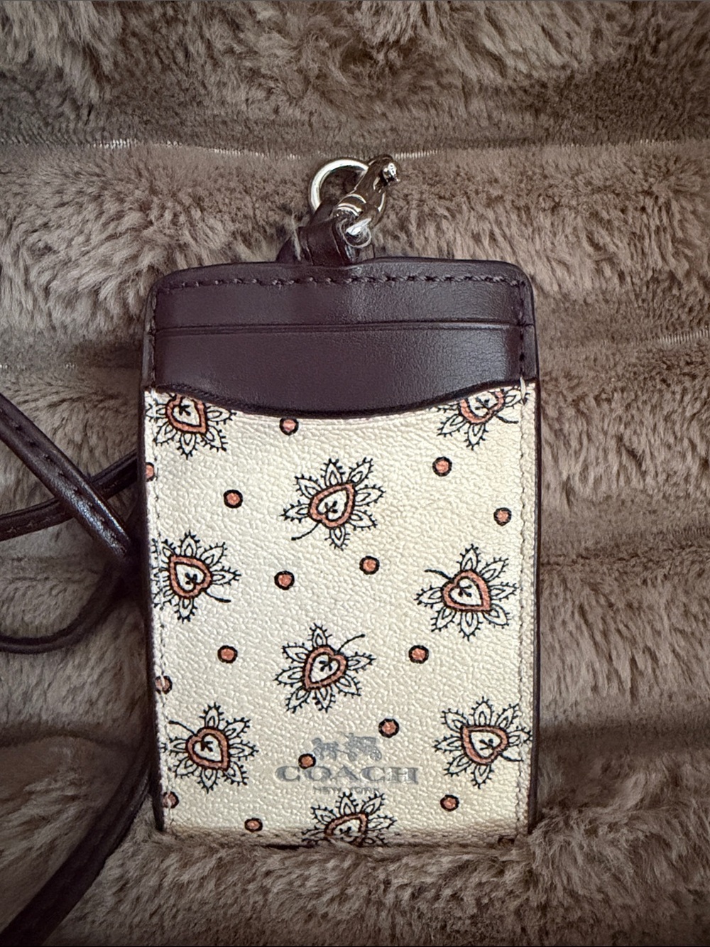 Coach Cream Floral Pattern ID Card Holder with Brown Trim